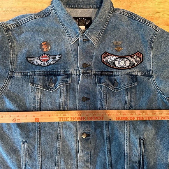 RARE Men's Harley Davidson Moto Waco TX Jean Jacket with Pins Patches Sz XL - Picture 9 of 14